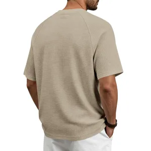 Men's waffle knit short sleeve t-shirt back detail, casual crewneck solid top breathable.