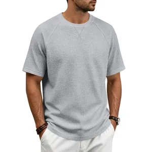 Men's Grey Waffle Knit Short Sleeve T-Shirt Casual Loose Fit Summer Crewneck Tee Top