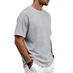 Men casual loose waffle knit short sleeve t-shirt in grey, comfortable crewneck top detail.