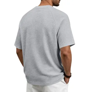 Men's grey waffle knit t-shirt short sleeve casual breathable top back view detail