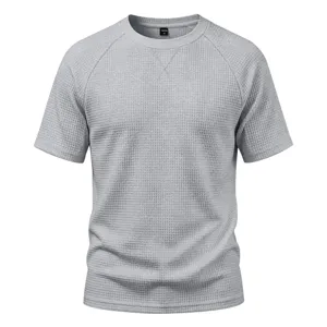 Grey waffle knit short sleeve t-shirt detail, breathable fabric, casual crewneck top.