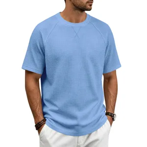 Waffle knit texture detail of light blue men short sleeve crew neck t-shirt casual plus size