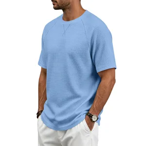 Men casual solid color waffle knit short sleeve t-shirt breathable comfortable top