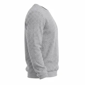 Men grey waffle knit crew neck long sleeve casual sweatshirt side detail view display.