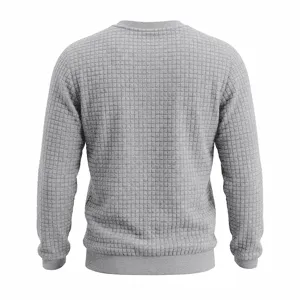 Men's grey waffle knit long sleeve crewneck sweatshirt back view detail showcasing textured jacquard fabric.