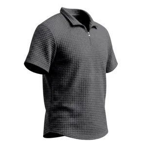 Gray textured grid polo shirt fabric detail, short sleeve zipper collar design close-up.