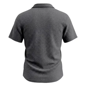 Detailed back view of men short sleeve waffle knit polo shirt with zipper stand collar gray.