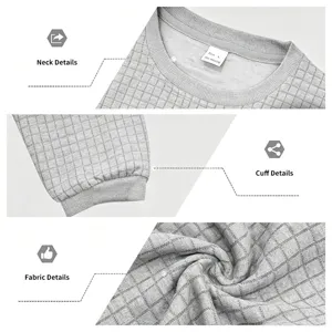 Close-up details of the men's grey textured grid long sleeve sweatshirt collar and fabric.