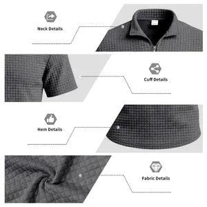 Close-up details of men's waffle knit polo shirt showing collar, cuff, hem and fabric texture.