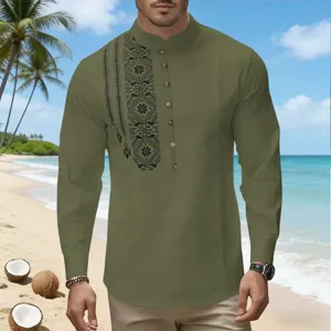 Men's long sleeve mandarin collar shirt with geometric print, casual button-down slub fabric top.