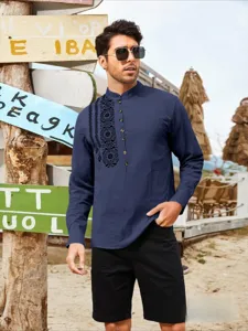Men long sleeve mandarin collar shirt dark blue ethnic embroidery casual shirt spring autumn