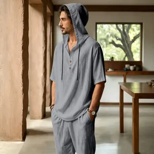 Men's casual linen hooded short sleeve shirt and matching pants set for summer beach wear.