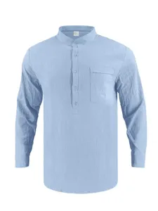 Men's casual long sleeve mandarin collar linen shirt in light blue, perfect for beachwear.