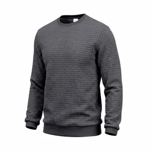 Men dark grey grid crewneck long sleeve casual sweatshirt pullover basic daily wear