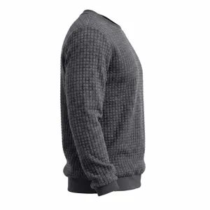 Close-up detail view of men's dark gray waffle knit texture long sleeve sweatshirt.