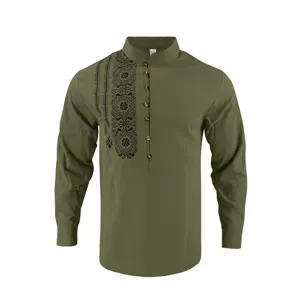 Men's olive green long sleeve mandarin collar shirt with black ethnic print and button placket detail.