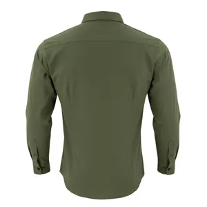 Back view detail of the army green long sleeve casual shirt showing collar and button cuffs.