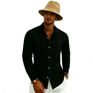 Men's long sleeve button down casual beach shirt with stylish pleats and classic collar.