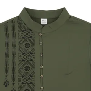 Detailed closeup view of men's olive green mandarin collar long sleeve shirt with pattern.