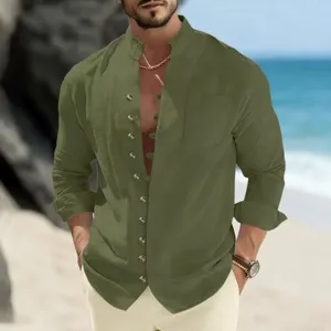 Men's casual long sleeve linen shirt with band collar and button down for summer beach.
