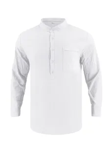 Detailed close-up view of stylish men white long sleeve linen blend stand collar shirt.
