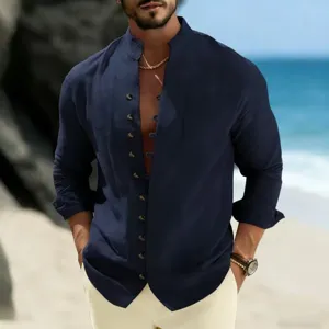 Men casual long sleeve linen shirt button down slim fit summer beach top detailed view