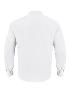 Detail view of a plain white men's long sleeve linen casual beach shirt back design.
