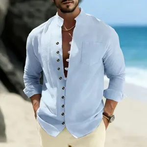 Mens casual light blue linen long sleeve stand collar shirt with buttons beach summer fashion top