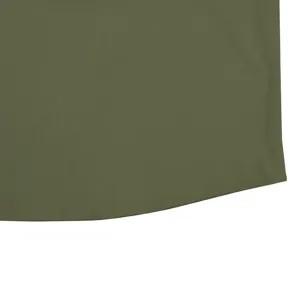 Men's casual long sleeve shirt hem detail, solid olive green fabric, clean stitching.