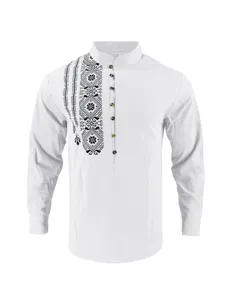 Men's long sleeve mandarin collar casual shirt with unique black and white geometric print design.