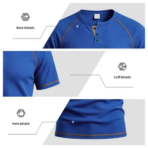 Men detail view waffle knit short sleeve Henley t-shirt collar cuff and hem close up shot