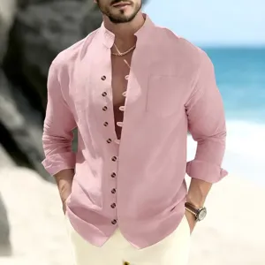 Men's casual long sleeve linen shirt detail showing button-down collar and chest pocket design.