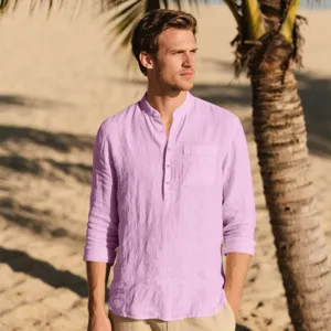 Men's casual long sleeve linen beach shirt with mandarin collar and chest pocket in light purple.