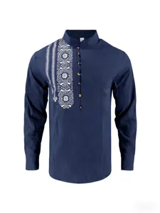 Men's long sleeve mandarin collar casual shirt dark blue ethnic printed stylish top