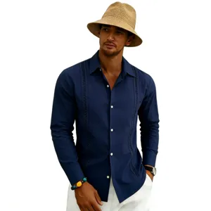 Men's stylish casual long sleeve button down beach shirt fashion solid color top.