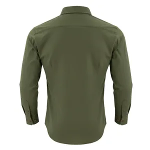 Men's casual long sleeve button down shirt back view detail showing neat stitching.