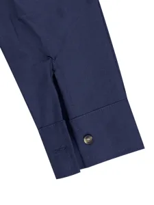 Men's casual long sleeve shirt cuff detail, solid navy blue fabric with classic button.