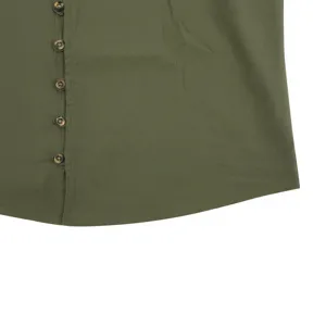 Men's casual shirt button detail close-up, featuring premium olive green fabric texture.
