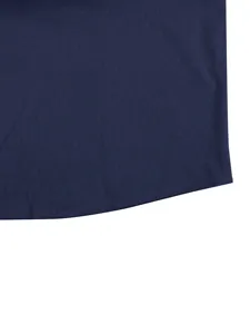 Men long sleeve shirt hem detail view, premium navy blue fabric texture, fine stitching.