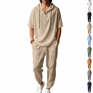 Men's Casual Linen Blend Suit Top And Bottom Set Summer Hooded Henley Short Sleeve Shirt and Trousers Beach Vacation Outfits