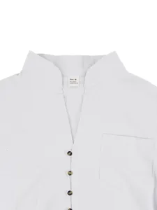 Detail view of men's casual long sleeve linen shirt with band collar, pocket and button.