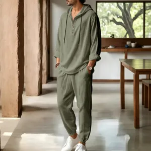 Mens casual linen hoodie set long sleeve pullover tops and jogger pants summer outfit
