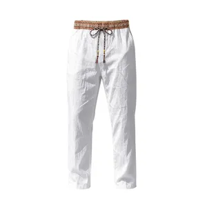 Men casual linen trousers ethnic waistband loose straight beach vacation pants white