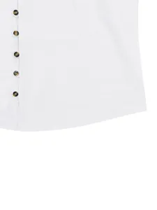 Close-up detail of men's casual long sleeve shirt with tortoiseshell buttons and curved hem.