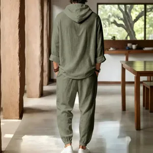 Men's casual linen hooded short sleeve top and long pants set summer beach outfit