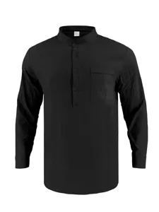 Men's casual solid black linen blend long sleeve shirt stand collar pocket detail view.