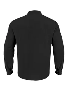 Back detail of solid black long sleeve linen shirt, showing smooth fabric texture and cut.