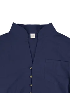 Men's deep blue linen-blend long sleeve button shirt collar and pocket detail.