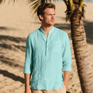 Men's casual long sleeve linen shirt beach mandarin collar solid color breathable top