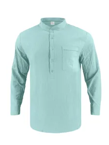 Men's casual long sleeve linen blend stand collar shirt with chest pocket for daily wear